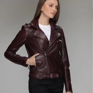 DANIER Juliette Genuine Leather Moto Jacket in Bordeaux
